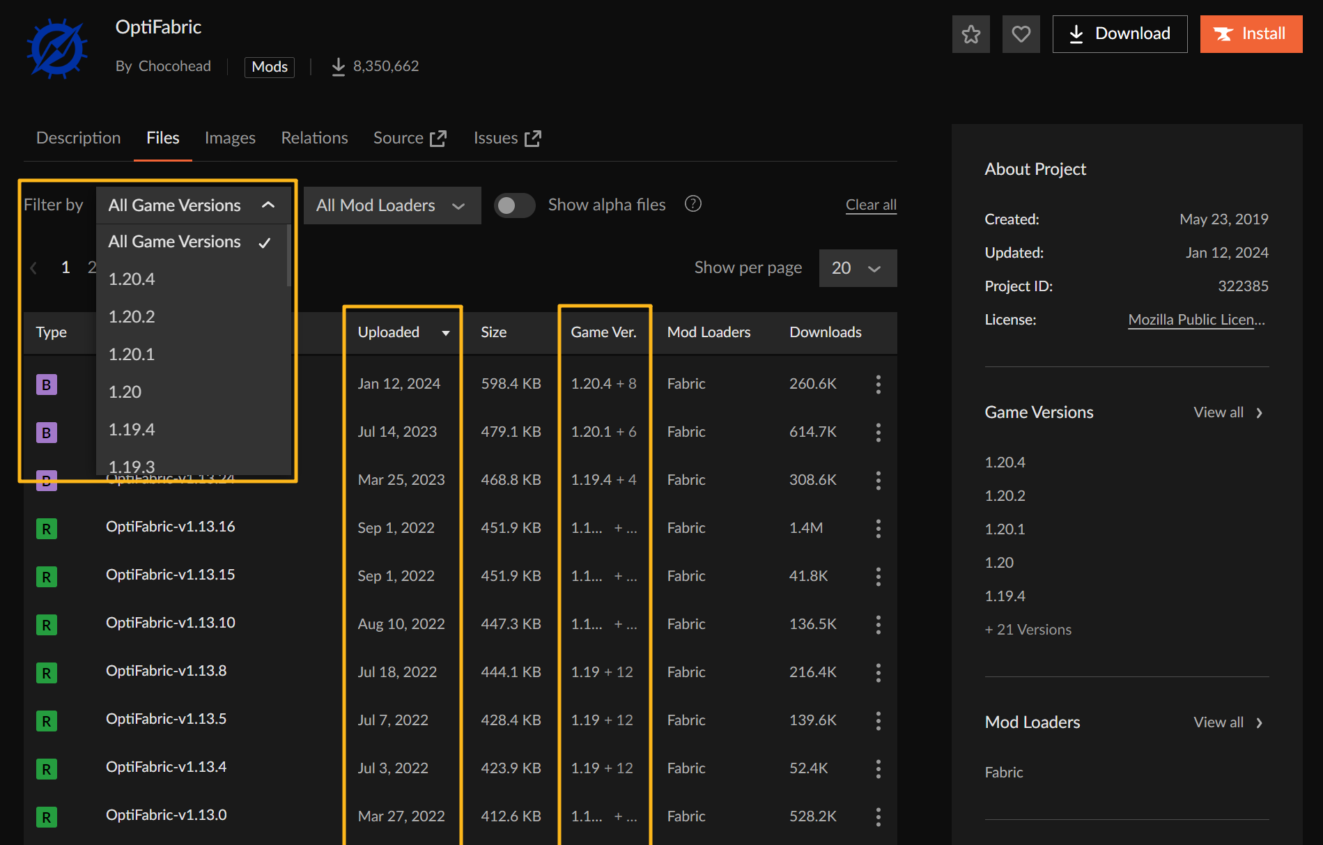 OptiFabric 的 CurseForge 页面